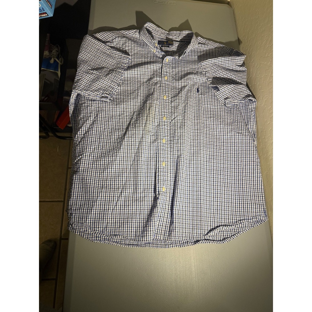 Ralph Lauren Seersucker Shirt Mens‎ 2XB Blue White Gingham Short Sleeve